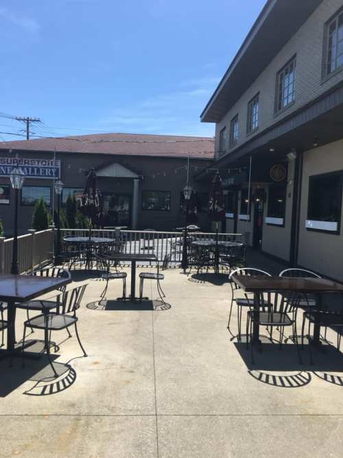 Outdoor dining area with empty tables and umbrellas, set against a clear blue sky and a building in the background.