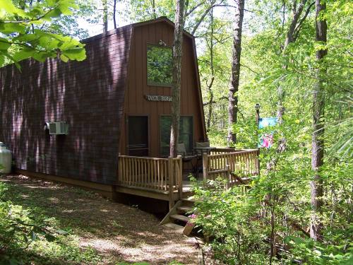 A wooden A-frame cabin surrounded by trees, featuring a deck and large windows, nestled in a lush green setting.