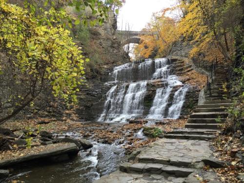 A serene waterfall surrounded by autumn foliage and stone steps, with a bridge in the background.