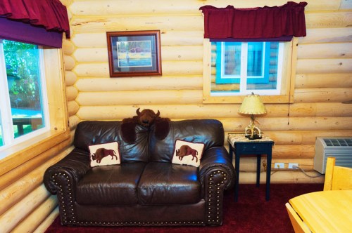 Cozy log cabin interior featuring a brown leather couch with bison-themed pillows, a lamp, and wooden walls.