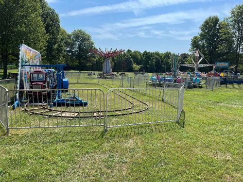 A sunny park scene featuring amusement rides, including a carousel and a spinning ride, surrounded by green grass.