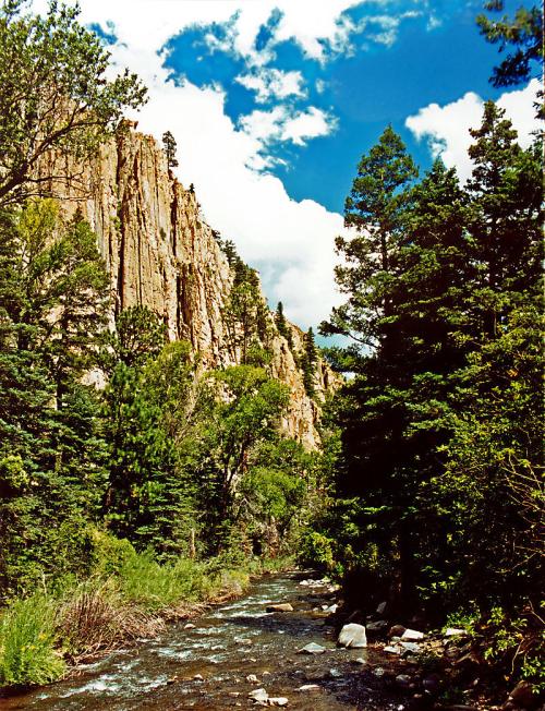 A serene river flows through a lush forest, flanked by towering cliffs and a bright blue sky with fluffy clouds.