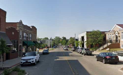 A quiet street scene with shops and parked cars under a clear blue sky. Trees line the road, creating a pleasant atmosphere.