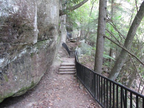 A narrow path with stone steps winds between large rocks and trees, bordered by a black railing.