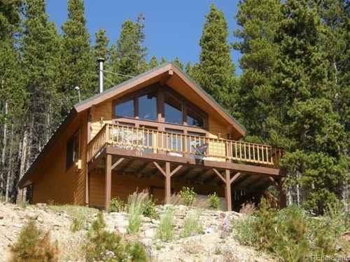 A cozy wooden cabin with a balcony, surrounded by tall trees and greenery, set against a clear blue sky.