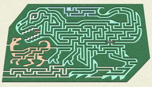 A colorful maze shaped like a dinosaur, with a smaller creature at its feet, set against a light background.