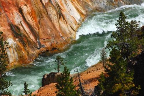 A rushing river flows through a rocky canyon, surrounded by trees and colorful rock formations.