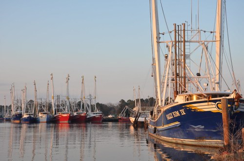 Fishing boats lined up at a dock during sunset, reflecting on calm waters.
