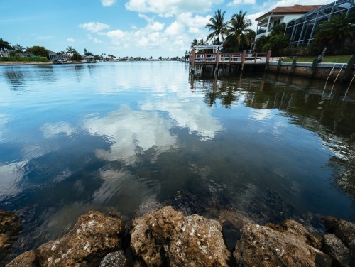 A calm waterway reflects clouds and palm trees, with rocky shorelines and houses in the background.