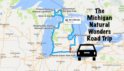 Map of a road trip route through Michigan's natural wonders, highlighting parks and scenic locations. Car icon included.