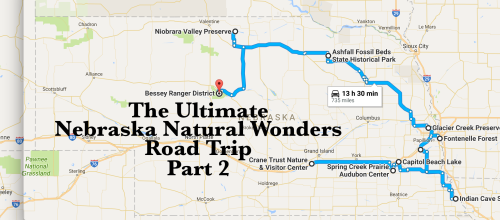Map showing a road trip route through Nebraska's natural wonders, including various parks and landmarks.