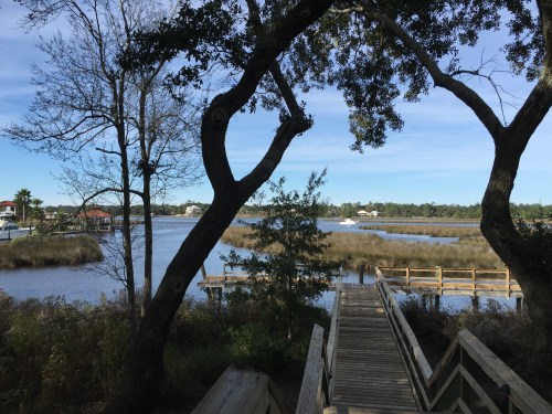 A wooden boardwalk leads to a serene river view, framed by trees and marshland under a clear blue sky.