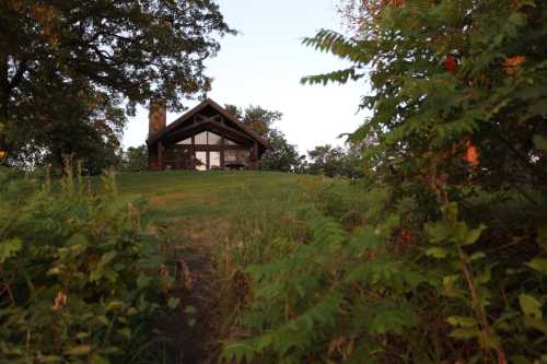 A cozy cabin on a grassy hill, surrounded by trees and shrubs, with a stone chimney and large windows.