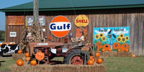 A vintage tractor surrounded by pumpkins and hay bales, with retro Gulf and Shell signs on a rustic barn backdrop.