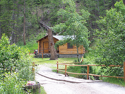 A rustic log cabin surrounded by trees, with a wooden bridge leading to it over a grassy path.