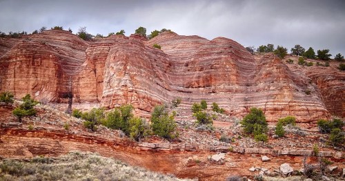 Striking layered rock formations with green shrubs against a cloudy sky in a rugged landscape.