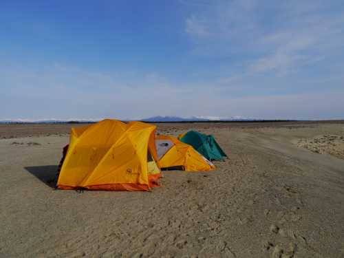 Three colorful tents set up on a sandy landscape with distant mountains under a clear blue sky.