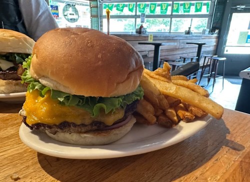 A juicy cheeseburger with lettuce and a side of golden fries on a plate in a casual dining setting.