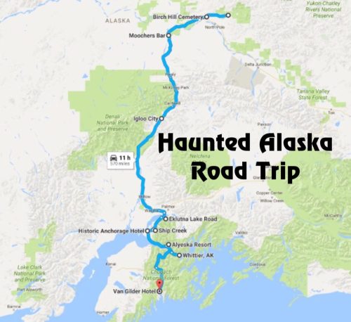 Map of a haunted road trip in Alaska, highlighting key locations and routes, including Birch Hill Cemetery and Van Glider Hotel.
