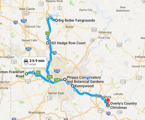 Map showing a route from Overly's Country Christmas to Big Butler Fairgrounds, covering 127 miles in 3 hours and 9 minutes.