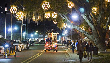 A festive street scene at night, with snowflake lights hanging from trees and people walking along the road.