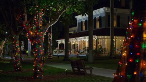 A beautifully lit house adorned with colorful Christmas lights, surrounded by trees and a park bench at night.