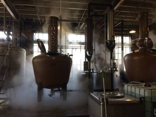 Industrial distillery interior with large copper stills and steam rising, creating a misty atmosphere.
