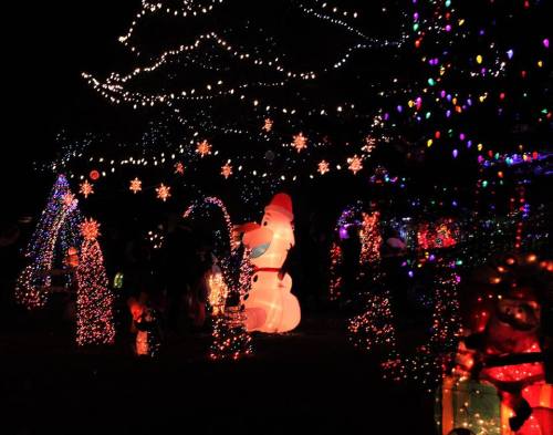 A festive scene with colorful lights, a large inflatable snowman, and decorated trees, creating a cheerful holiday atmosphere.