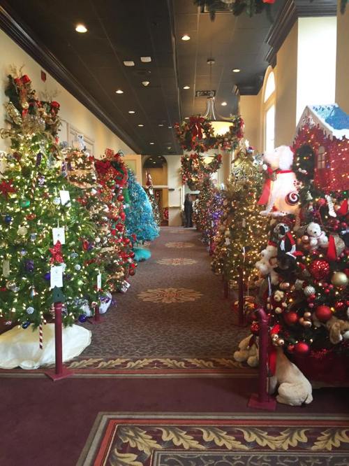 A festive hallway lined with decorated Christmas trees and holiday decorations, creating a cheerful atmosphere.
