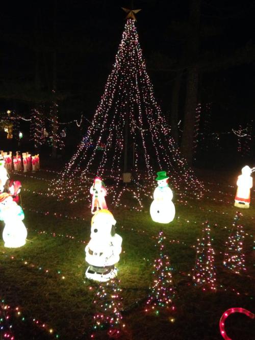 A festive display featuring a lit Christmas tree and colorful snowman decorations in a dark, outdoor setting.