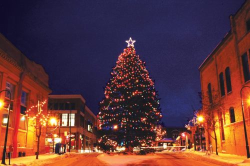 A brightly lit Christmas tree adorned with colorful lights stands in a snowy street at night.