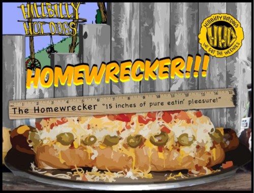 A large hot dog topped with various ingredients, labeled "Homewrecker!!!" with a ruler showing its 15-inch length.