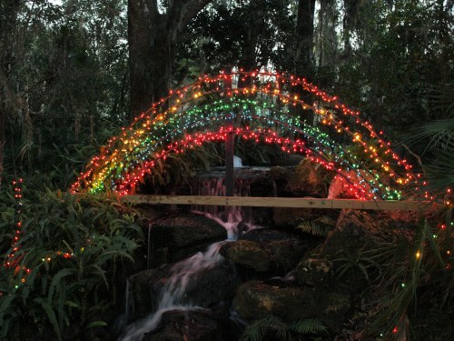 A colorful light display forms a rainbow over a small waterfall in a lush, green forest setting.