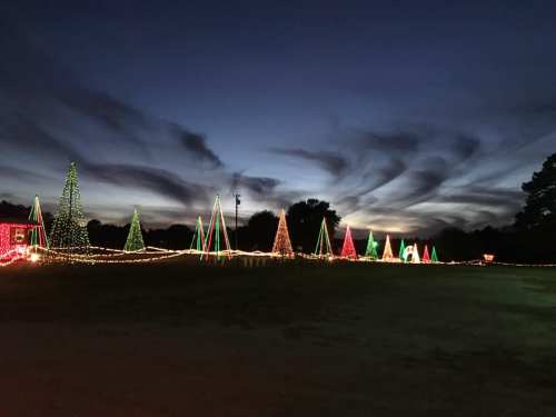 Colorful Christmas trees made of lights are displayed against a twilight sky with wispy clouds.