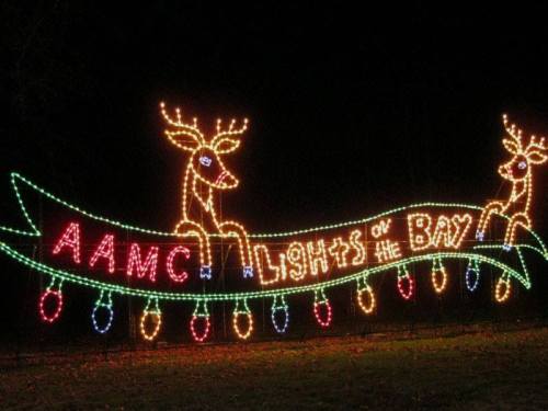Colorful holiday lights display featuring reindeer and a banner that reads "AAMC Lights on the Bay."
