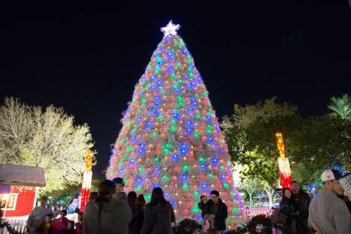 A brightly lit Christmas tree adorned with colorful lights, surrounded by people enjoying the festive atmosphere at night.