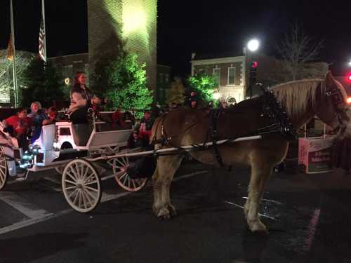 A horse-drawn carriage at night, with a driver and passengers, surrounded by festive lights and a crowd.