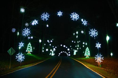 A nighttime scene of a road illuminated by festive snowflake and tree lights, creating a magical tunnel effect.