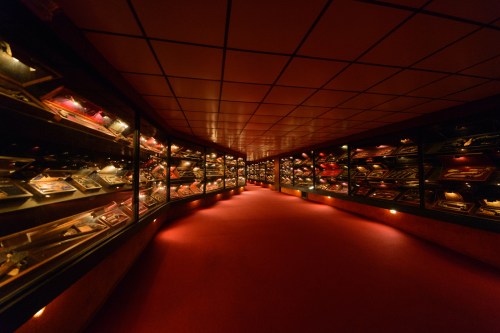 A dimly lit corridor lined with display cases showcasing various items, illuminated by soft red lights.