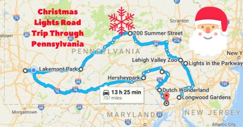 Map of a Christmas lights road trip through Pennsylvania, highlighting key stops and a festive design with Santa and snowflakes.