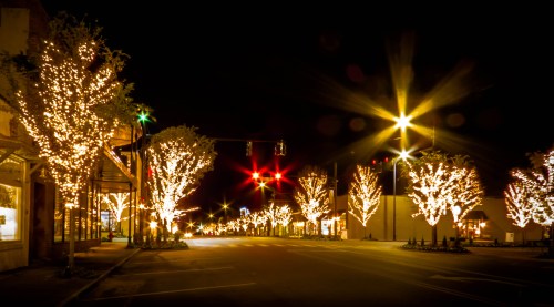 A beautifully lit street at night, lined with trees adorned in twinkling lights and a traffic signal glowing red.