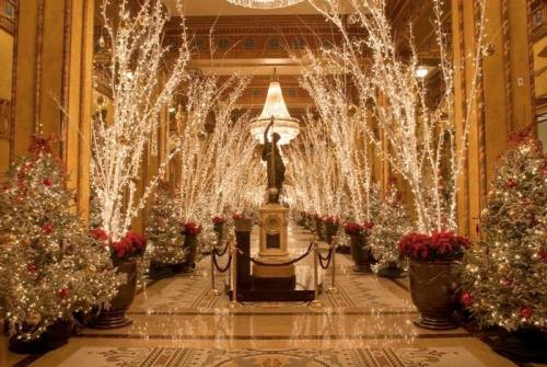 A festive hallway adorned with sparkling lights, Christmas trees, and a central statue, creating a magical holiday atmosphere.