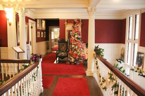 A festive hallway decorated for Christmas, featuring a tree and red carpet, with white columns and garlands.