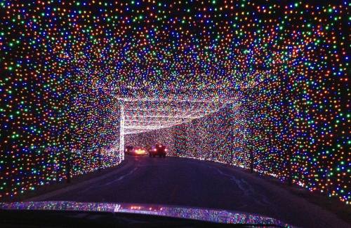 A colorful tunnel of lights with vibrant, twinkling decorations illuminating the surroundings.
