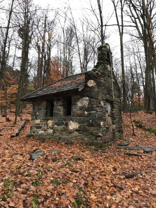 A small stone cabin surrounded by autumn leaves and trees in a wooded area.