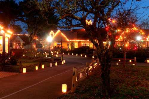 A cozy scene of a house decorated with colorful lights, surrounded by glowing lanterns along a pathway at dusk.