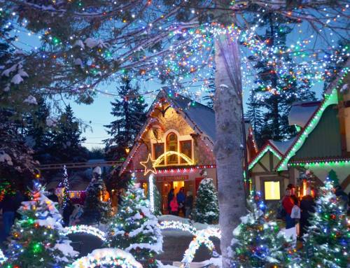 A festive winter scene with snow-covered trees and colorful lights adorning charming houses.