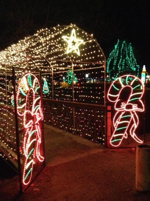A festive entrance adorned with colorful Christmas lights, featuring candy cane decorations and a star above.
