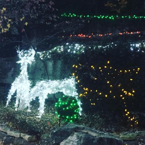 A glowing reindeer made of lights stands among colorful holiday decorations in a dark outdoor setting.