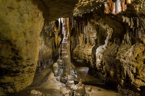 A dimly lit cave interior featuring stalactites and stalagmites, with a small stream running through the rocky floor.